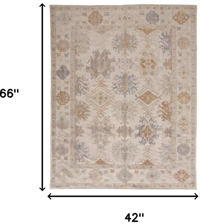 Ivory Tan And Blue Floral Hand Knotted Stain Resistant Area Rug Photo 3