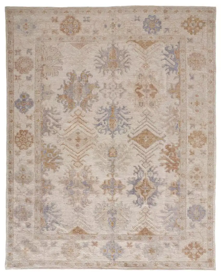 Ivory Tan And Blue Floral Hand Knotted Stain Resistant Area Rug Photo 2