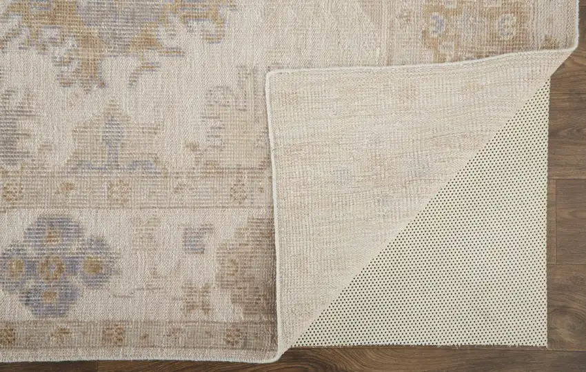 Ivory Tan And Blue Floral Hand Knotted Stain Resistant Area Rug Photo 1