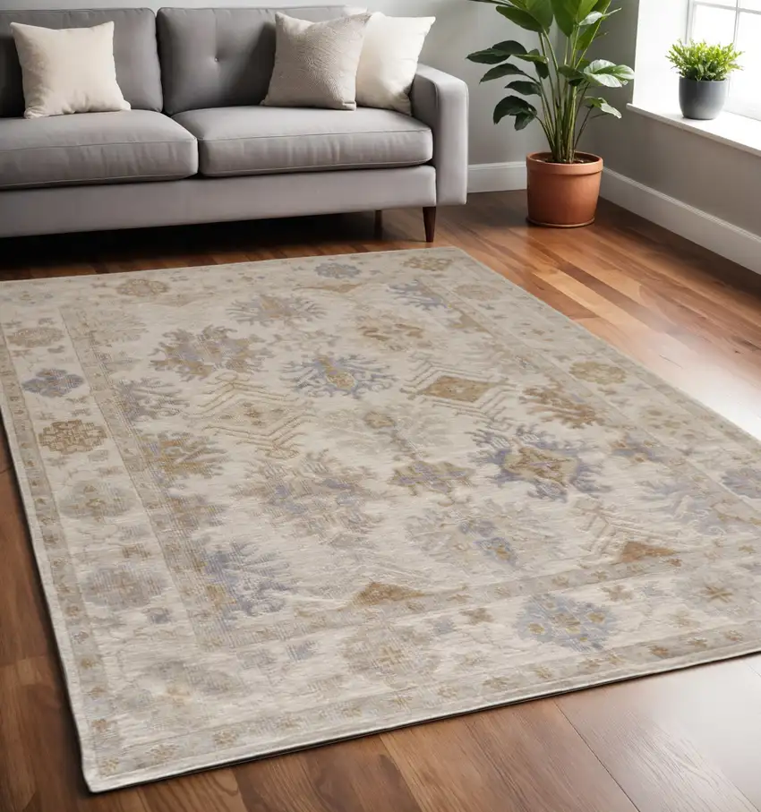 Ivory and Blue Floral Hand Knotted Area Rug Photo 1