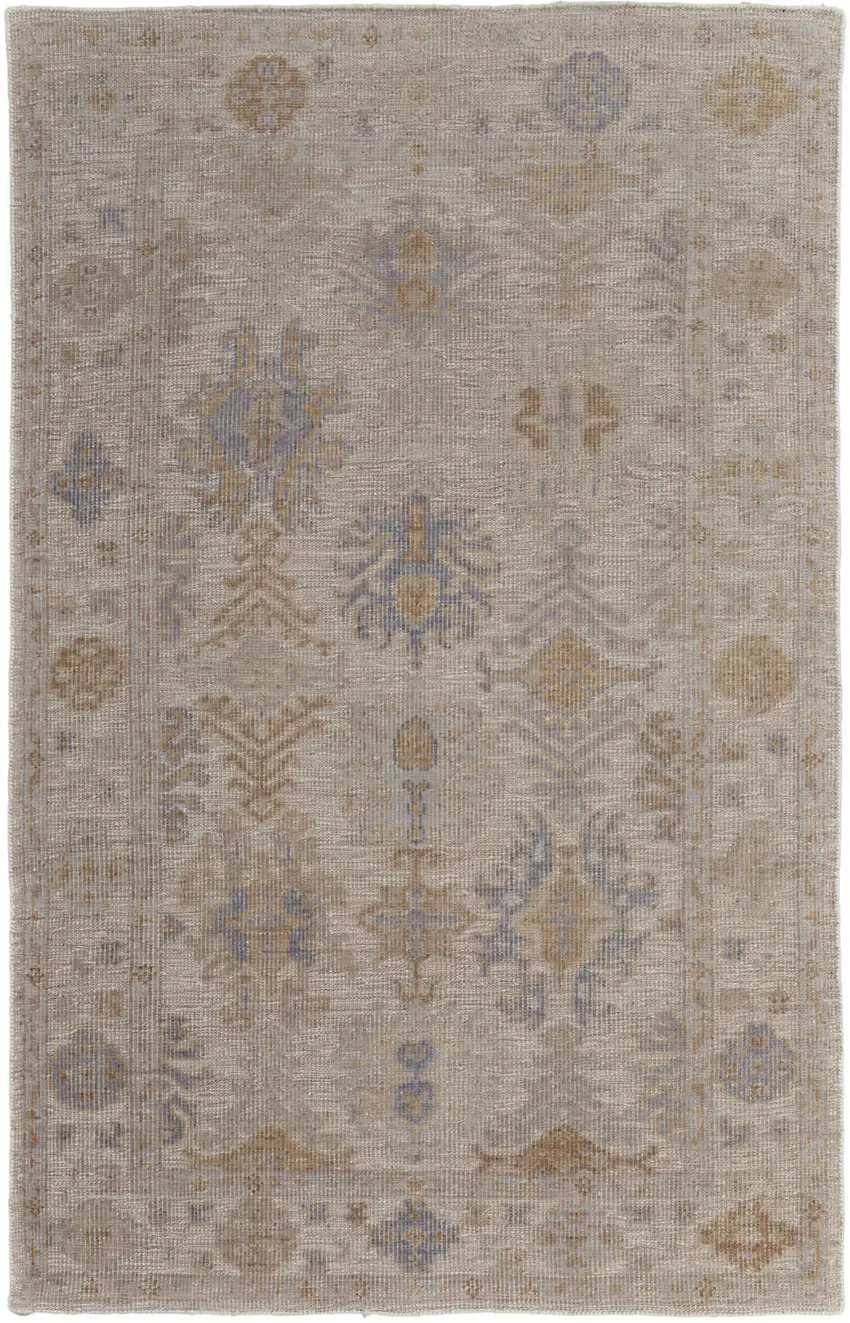 Ivory Tan And Blue Floral Hand Knotted Area Rug Photo 1