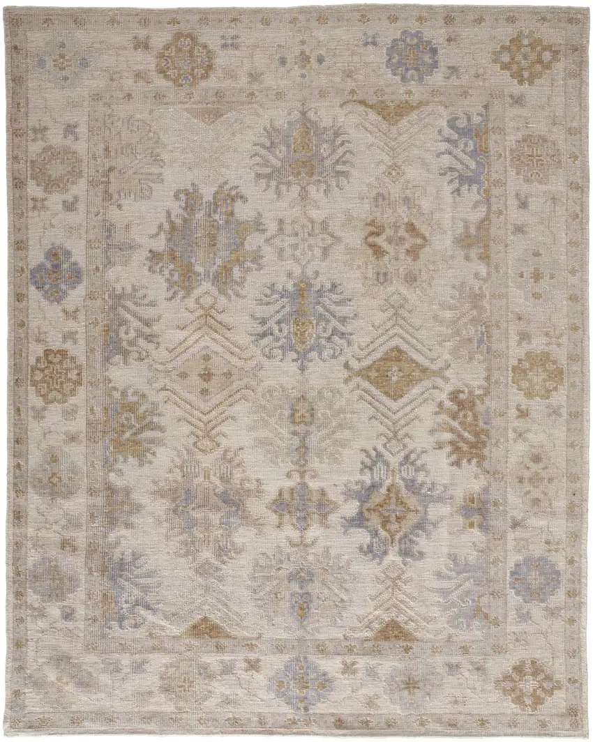 Ivory Tan And Blue Floral Hand Knotted Stain Resistant Area Rug Photo 1