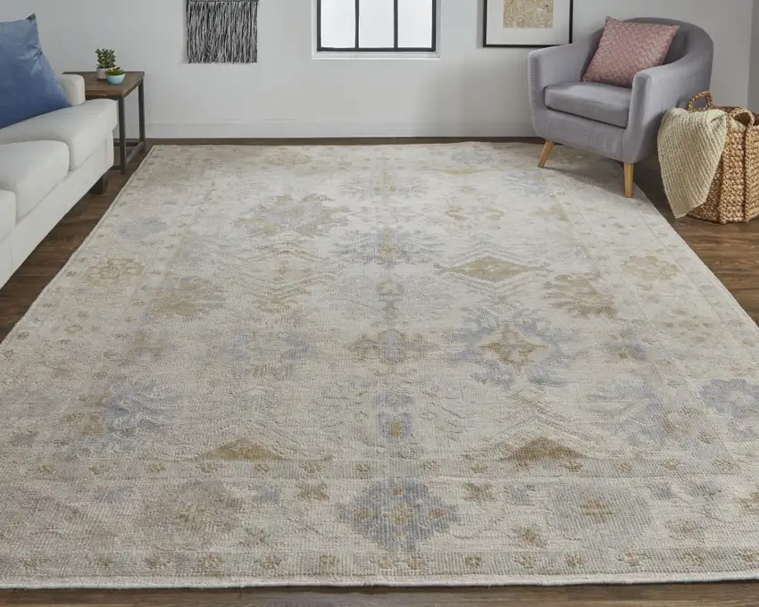 Ivory Tan And Blue Floral Hand Knotted Stain Resistant Area Rug Photo 4