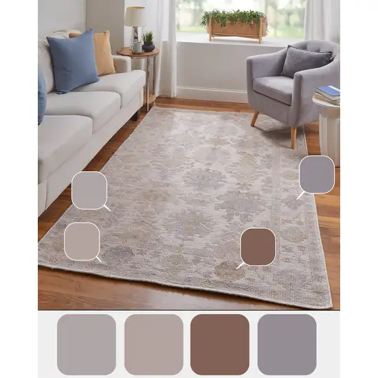 Ivory Tan And Blue Floral Hand Knotted Area Rug Photo 5