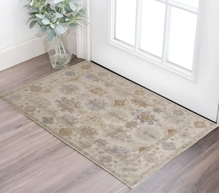 Ivory and Blue Floral Hand Knotted Area Rug Photo 1
