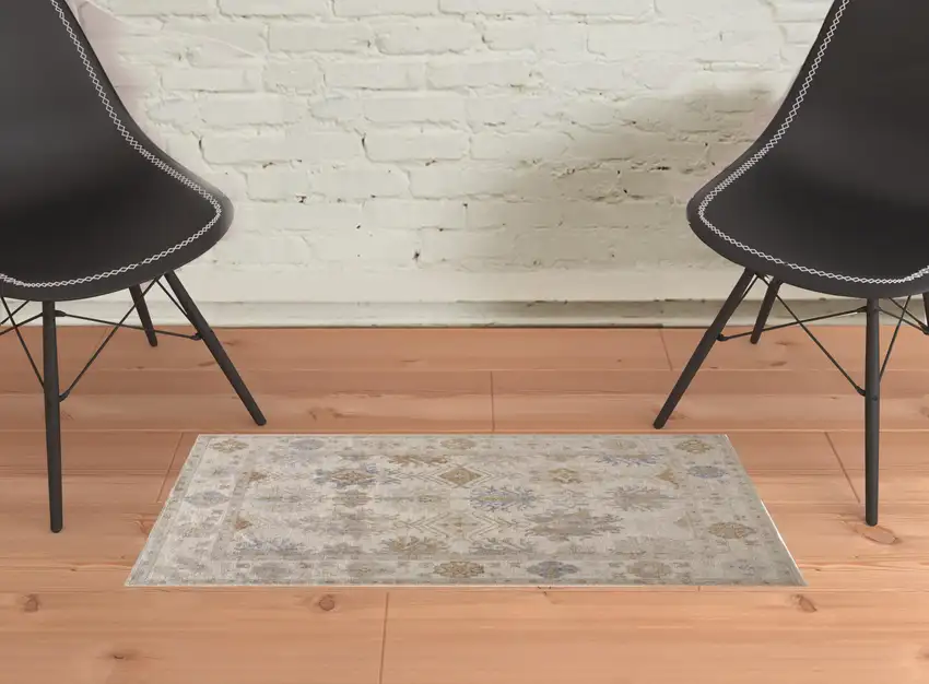 Ivory Tan And Blue Floral Hand Knotted Stain Resistant Area Rug Photo 2