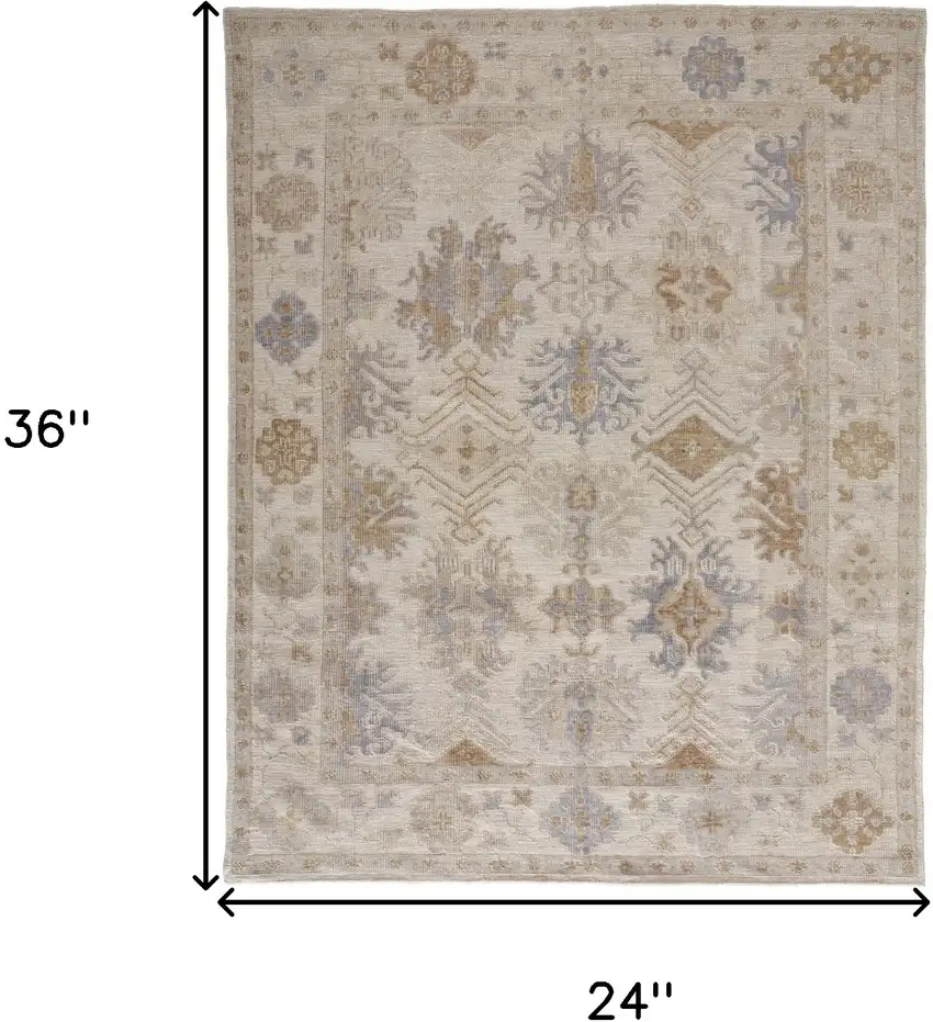 Ivory Tan And Blue Floral Hand Knotted Stain Resistant Area Rug Photo 10