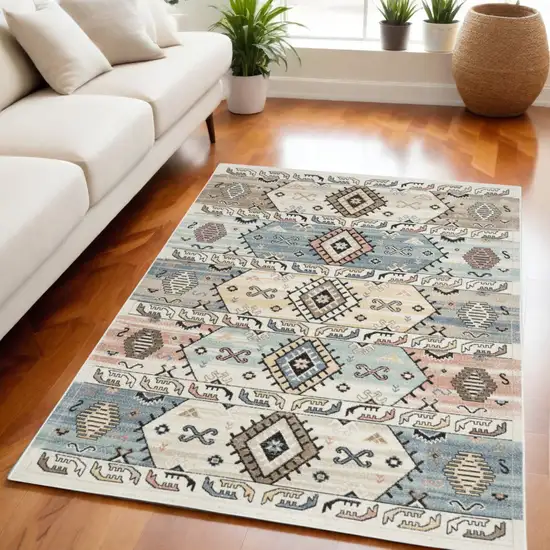 Ivory Tan And Blue Geometric Flatweave Area Rug Photo 1