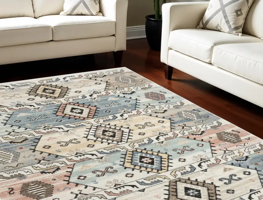 Ivory Tan And Blue Geometric Flatweave Area Rug Photo 1