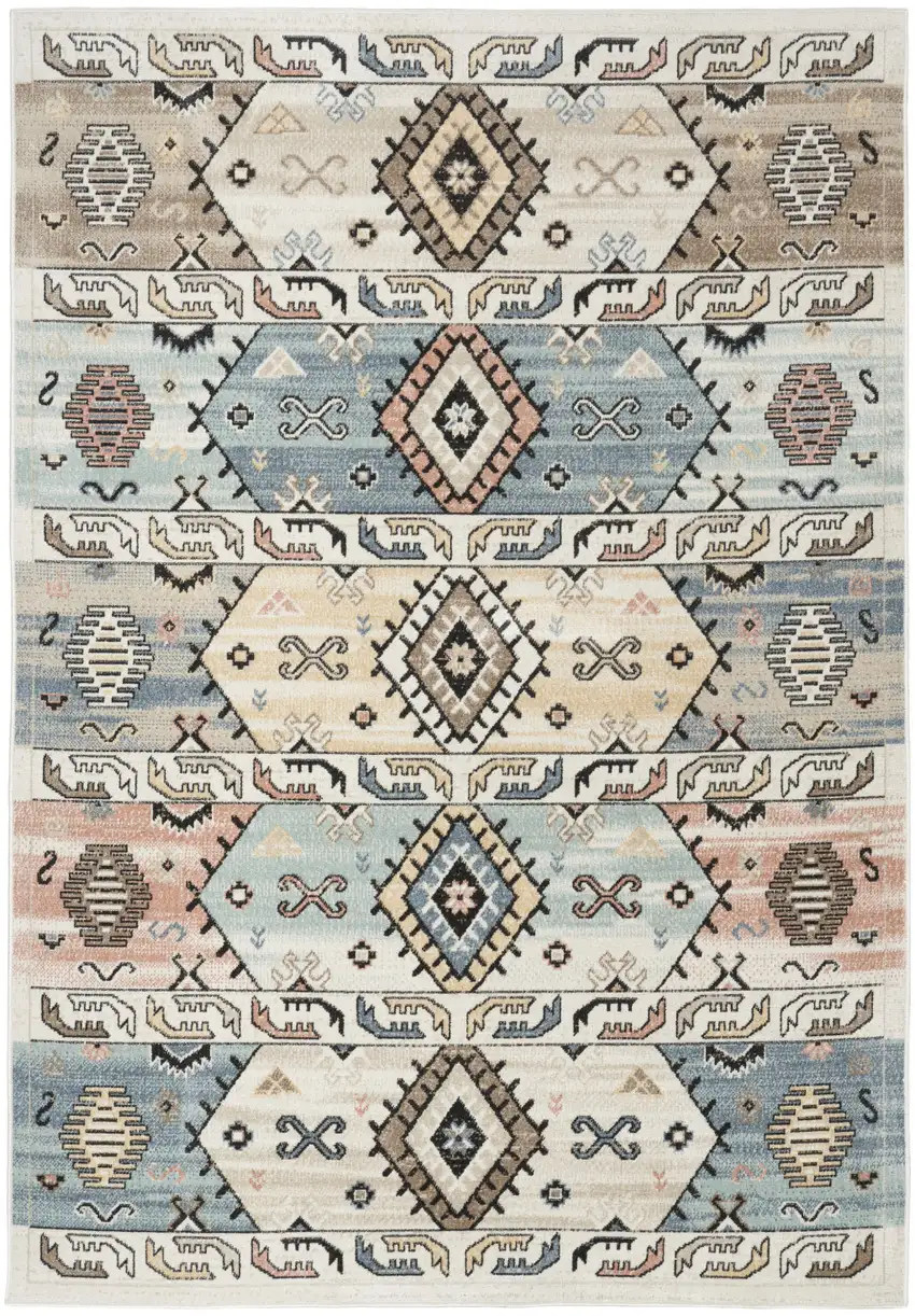 Ivory Tan And Blue Geometric Flatweave Area Rug Photo 5