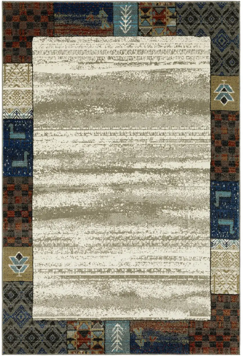 Ivory Tan And Blue Patchwork Area Rug Photo 6