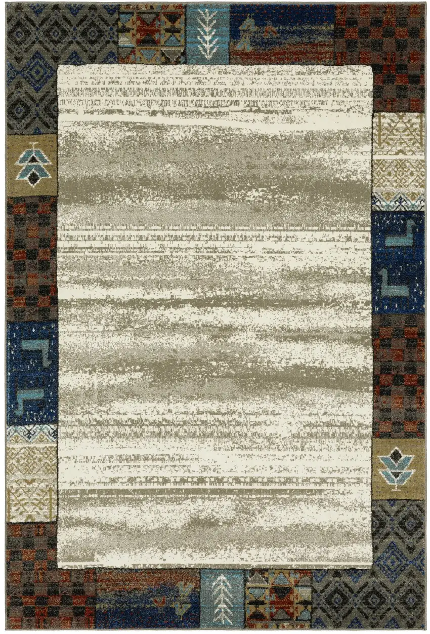 Ivory Tan And Blue Patchwork Area Rug Photo 2