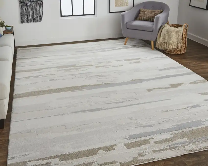 Ivory Tan And Brown Abstract Power Loom Distressed Stain Resistant Area Rug Photo 4