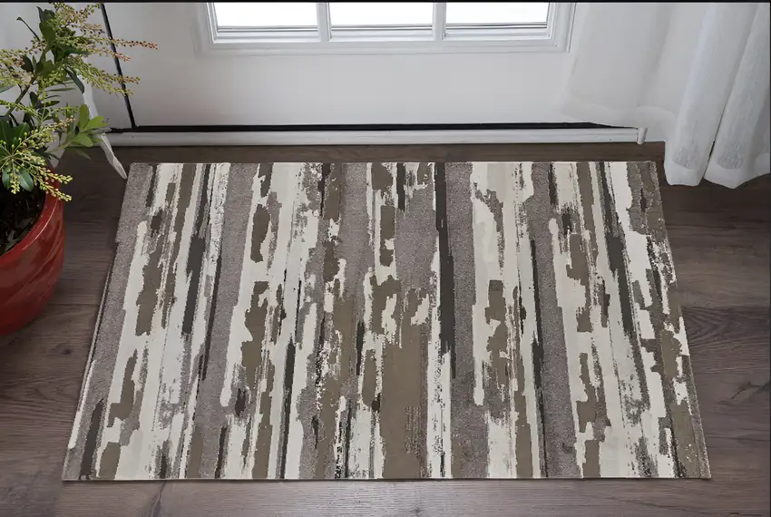 Brown and Ivory Abstract Power Loom Distressed Area Rug Photo 2