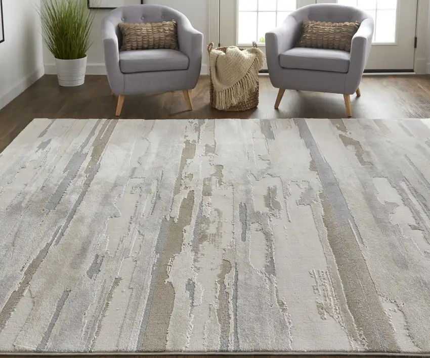 Ivory Tan And Brown Abstract Power Loom Distressed Stain Resistant Area Rug Photo 2
