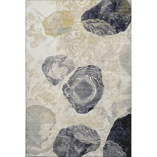 Ivory Tan And Charcoal Geometric Washable Area Rug With UV Protection Photo 1