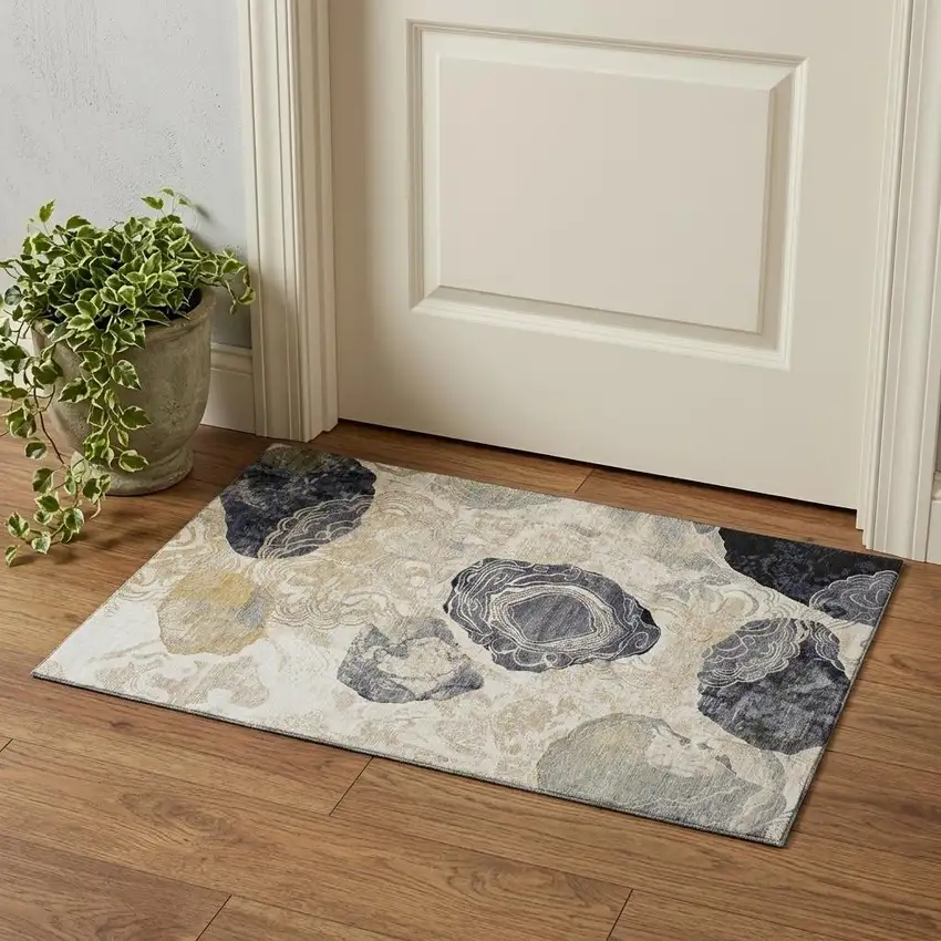 Ivory Tan And Charcoal Geometric Washable Area Rug With UV Protection Photo 1