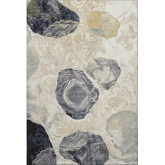 Ivory Tan And Charcoal Geometric Washable Area Rug With UV Protection Photo 3