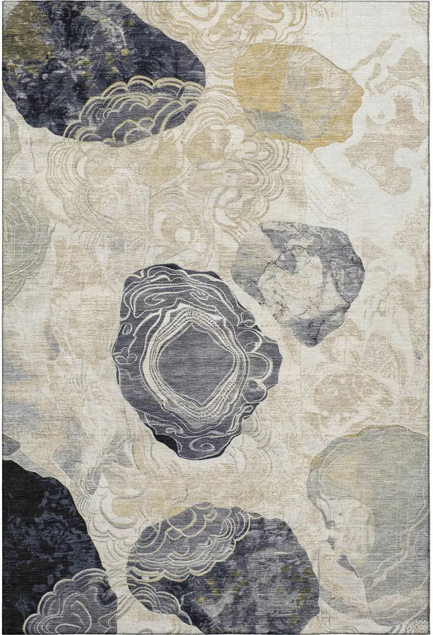 Ivory Tan And Charcoal Geometric Washable Area Rug With UV Protection Photo 3