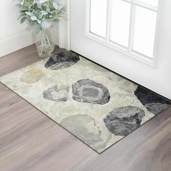 Ivory Tan And Charcoal Geometric Washable Area Rug With UV Protection Photo 2