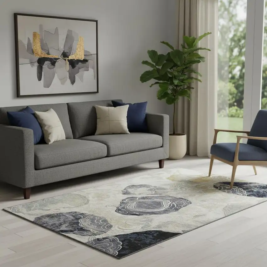 Ivory Tan And Charcoal Geometric Washable Area Rug With UV Protection Photo 2