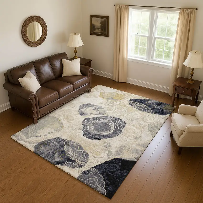 Ivory Tan And Charcoal Geometric Washable Area Rug With UV Protection Photo 4