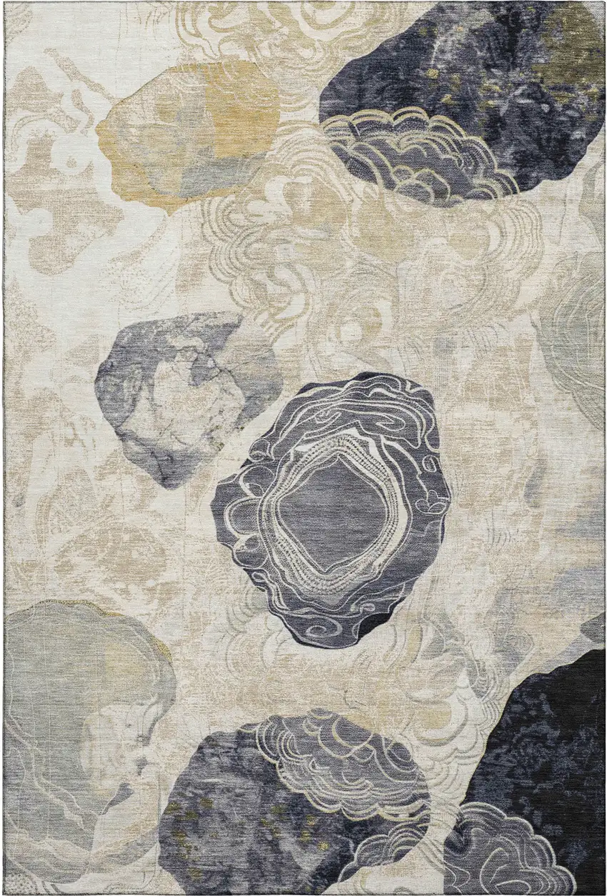 Ivory Tan And Charcoal Geometric Washable Area Rug With UV Protection Photo 1