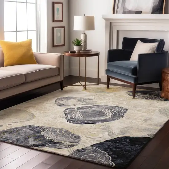 Ivory Tan And Charcoal Geometric Washable Area Rug With UV Protection Photo 5