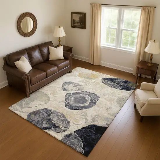 Ivory Tan And Charcoal Geometric Washable Area Rug With UV Protection Photo 4