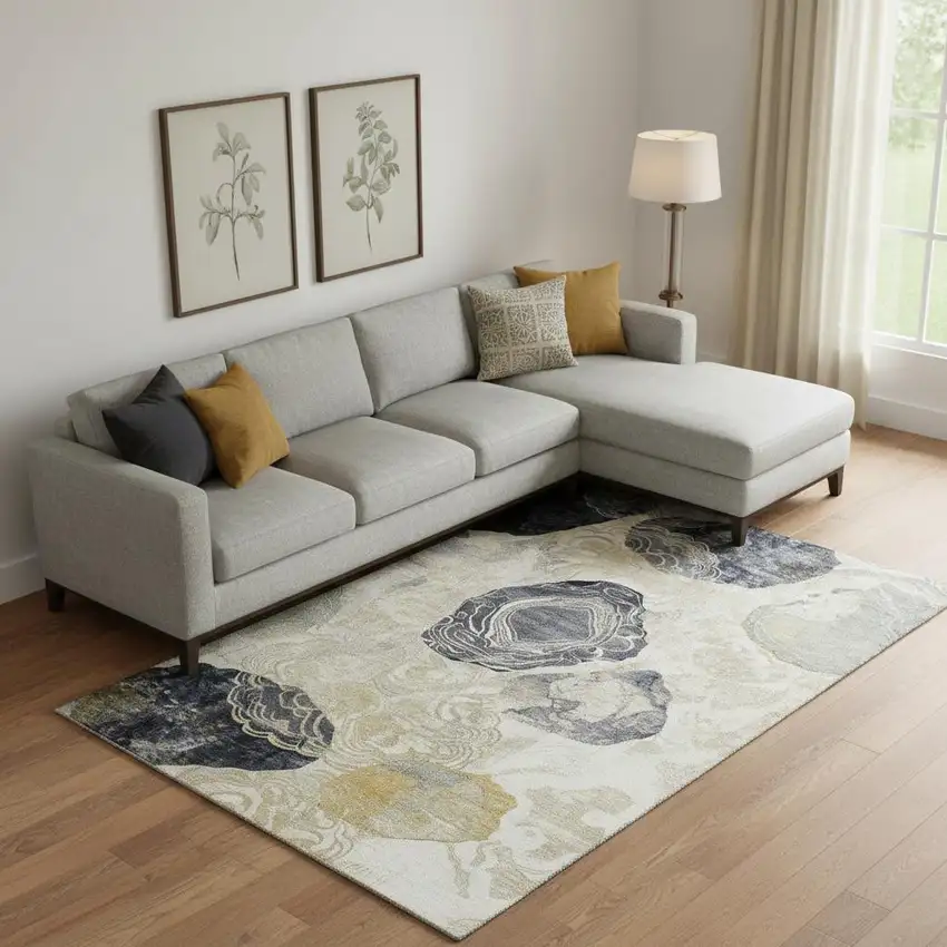 Ivory Tan And Charcoal Geometric Washable Area Rug With UV Protection Photo 2