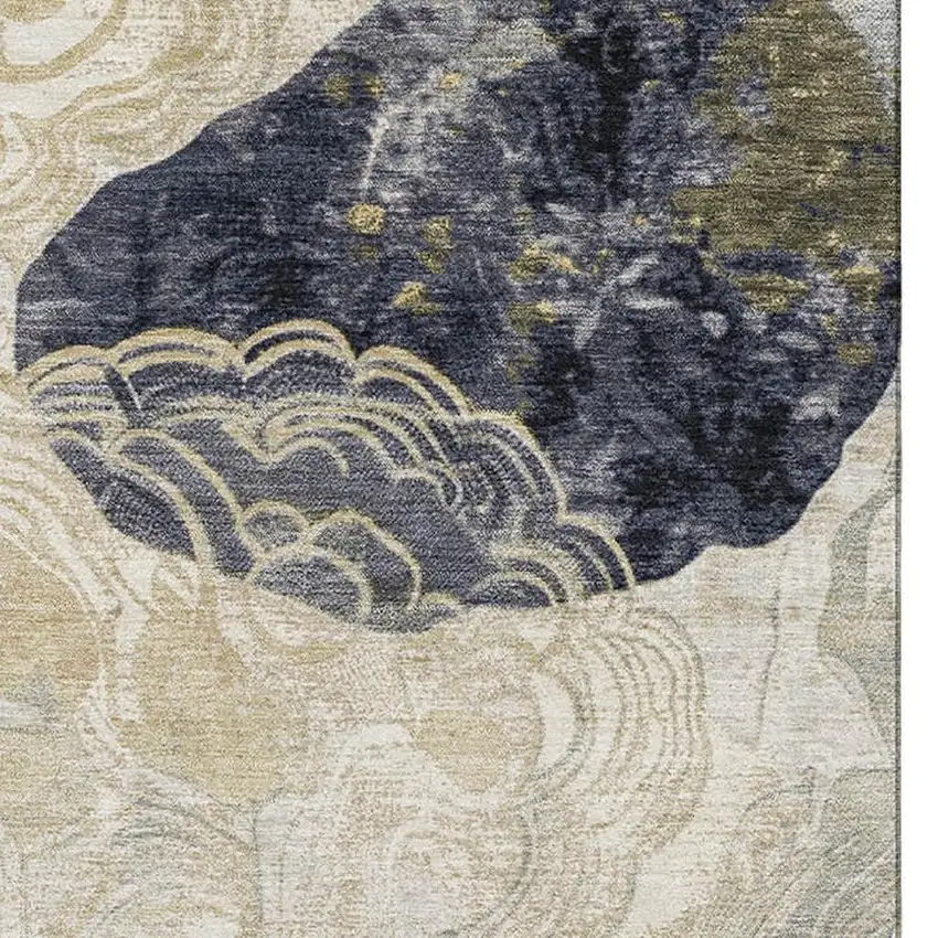 Ivory Tan And Charcoal Geometric Washable Area Rug With UV Protection Photo 3