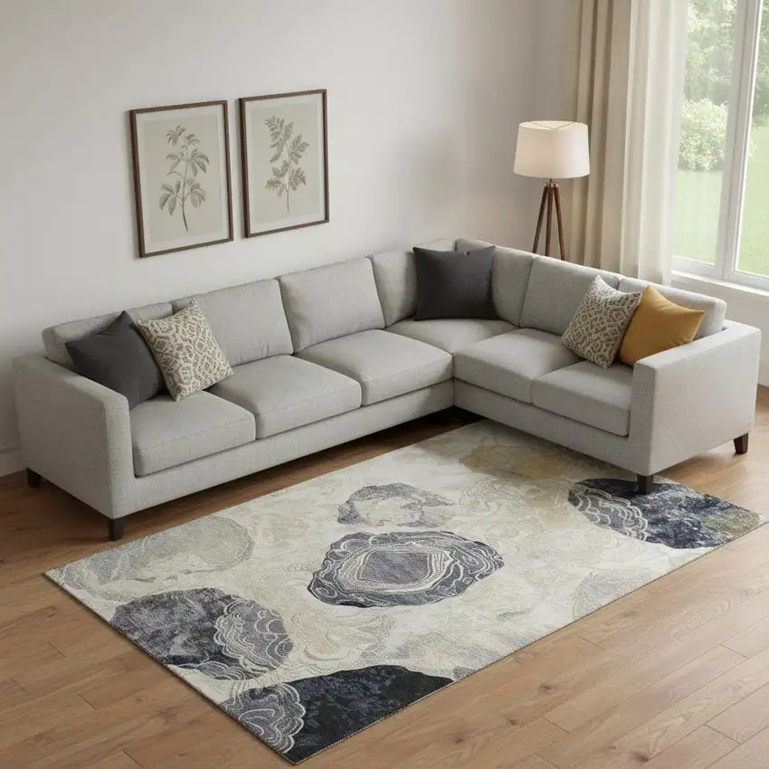 Ivory Tan And Charcoal Geometric Washable Area Rug With UV Protection Photo 2