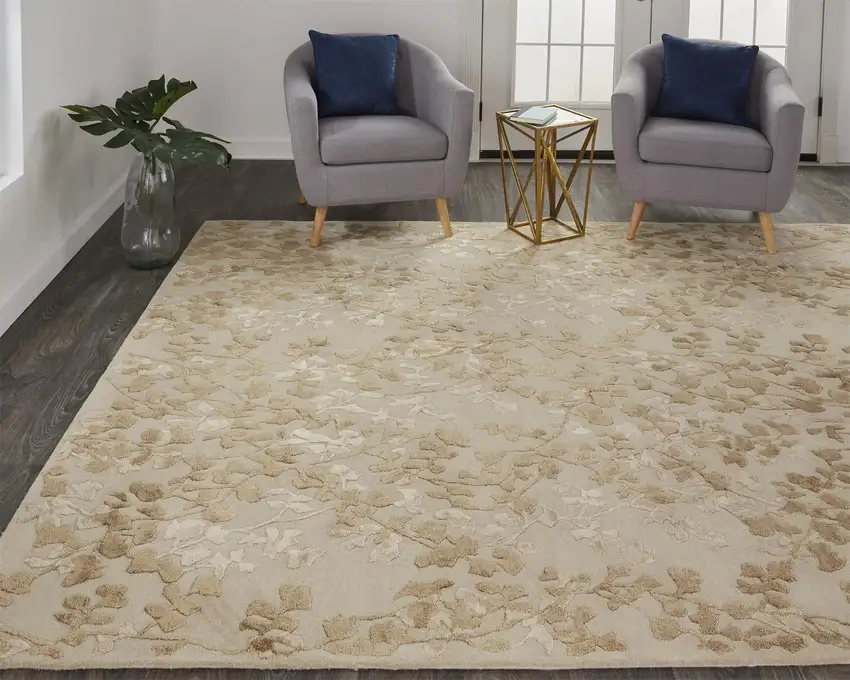 Ivory Tan And Gold Wool Floral Tufted Handmade Area Rug Photo 6