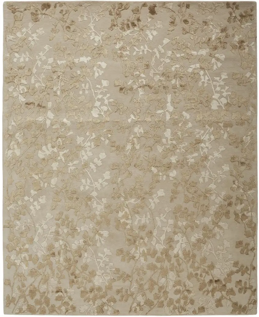 Ivory Tan And Gold Wool Floral Tufted Handmade Area Rug Photo 2