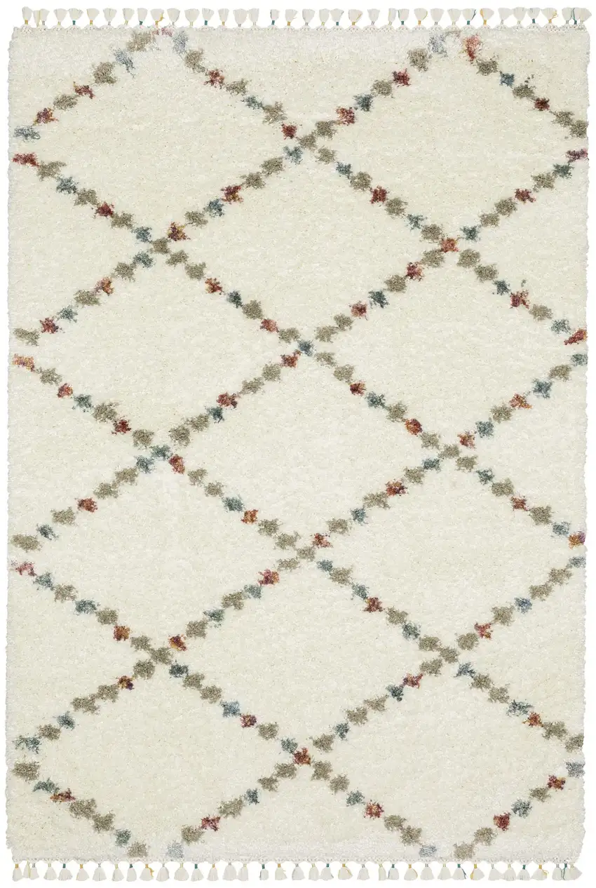 Ivory Tan And Gray Diamond Shag Area Rug With Fringe Photo 2