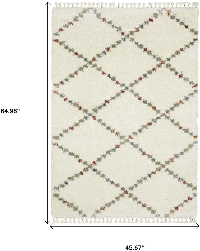 Ivory Tan And Gray Diamond Shag Area Rug With Fringe Photo 3