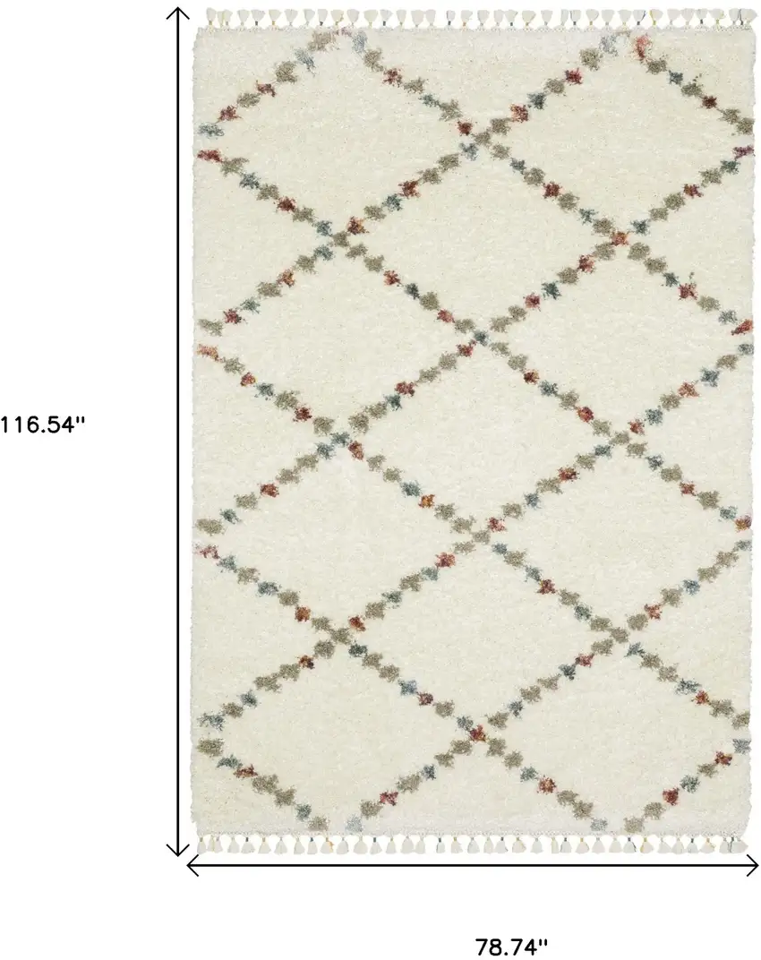 Ivory Tan And Gray Diamond Shag Area Rug With Fringe Photo 3