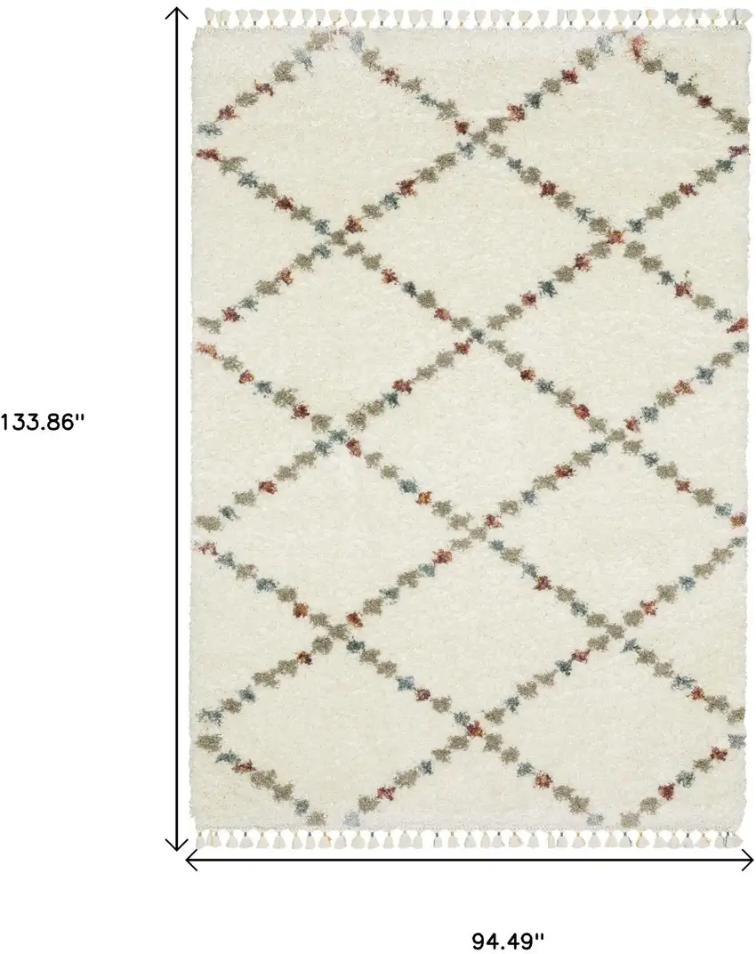 Ivory Tan And Gray Diamond Shag Area Rug With Fringe Photo 3