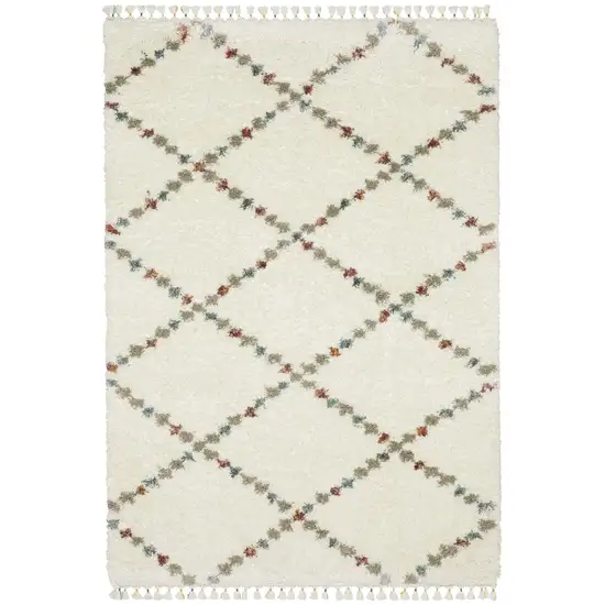 Ivory Tan And Gray Diamond Shag Area Rug With Fringe Photo 8