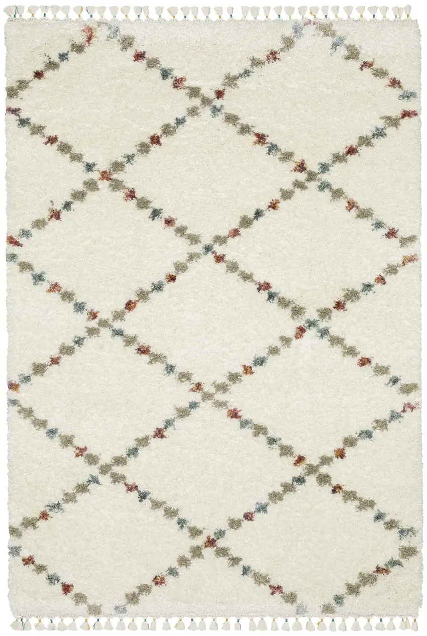 Ivory Tan And Gray Diamond Shag Area Rug With Fringe Photo 8