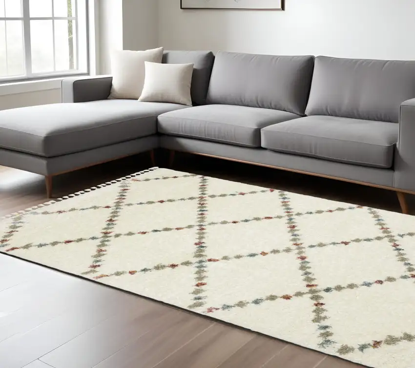 Ivory Tan And Gray Diamond Shag Area Rug With Fringe Photo 1