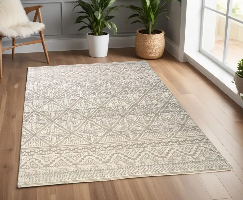 Gray and Ivory Geometric Hand Knotted Area Rug Photo 1