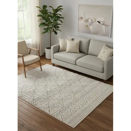 Ivory Tan And Gray Geometric Hand Knotted Area Rug Photo 1