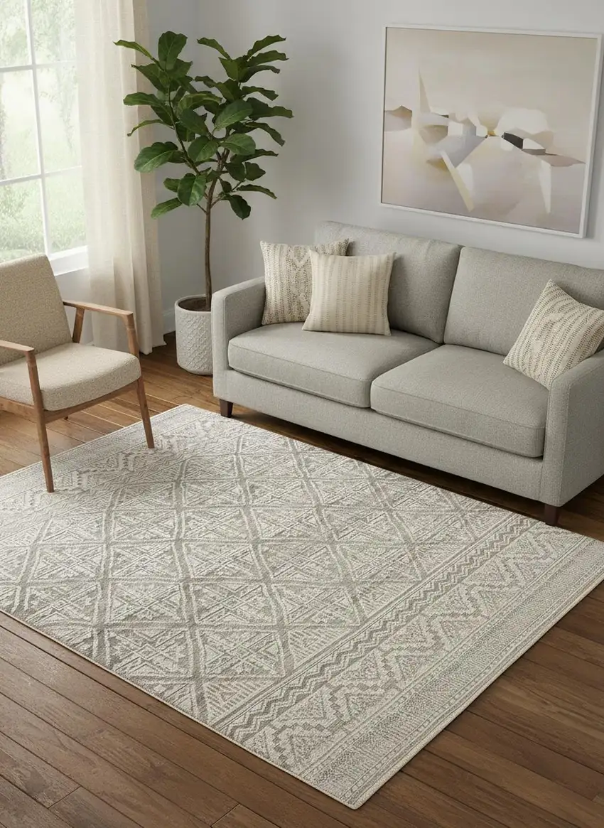 Ivory Tan And Gray Geometric Hand Knotted Area Rug Photo 1