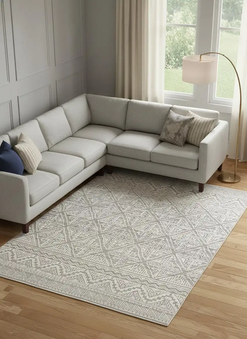 Ivory Tan And Gray Geometric Hand Knotted Area Rug Photo 1