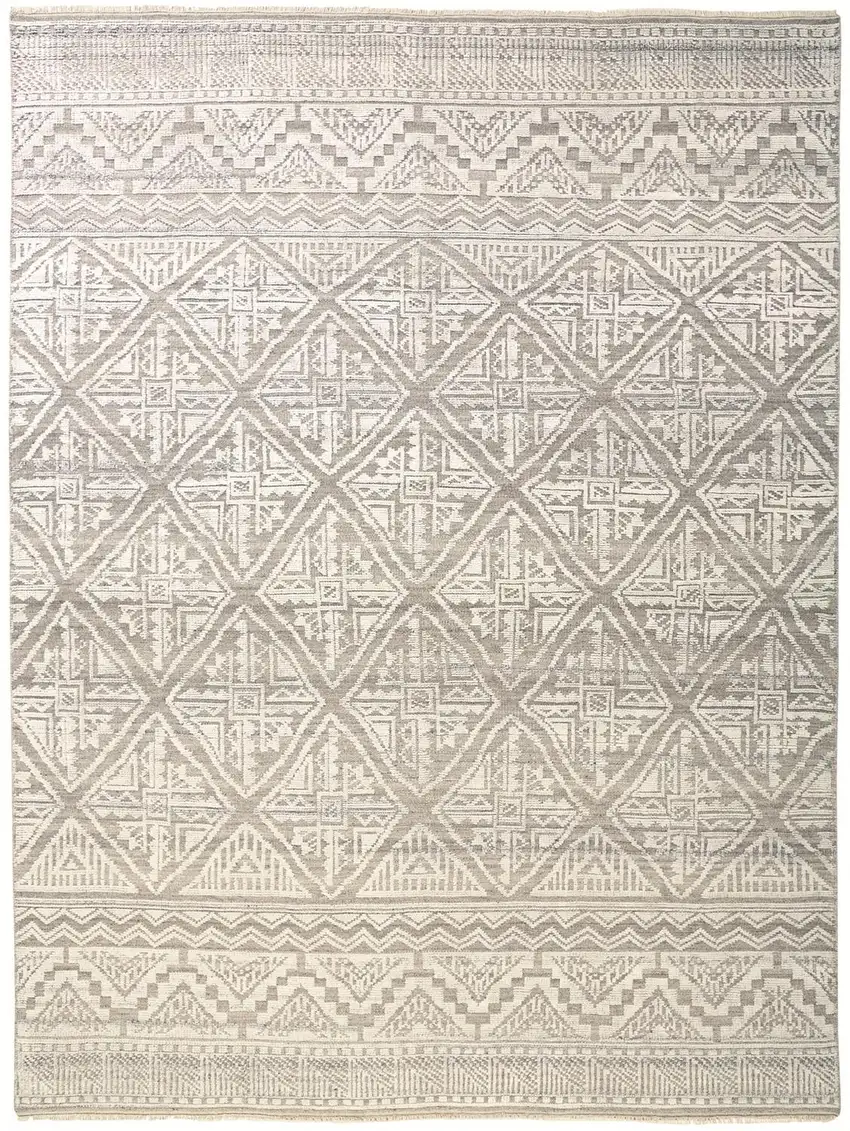 Ivory Tan And Gray Geometric Hand Knotted Area Rug Photo 1