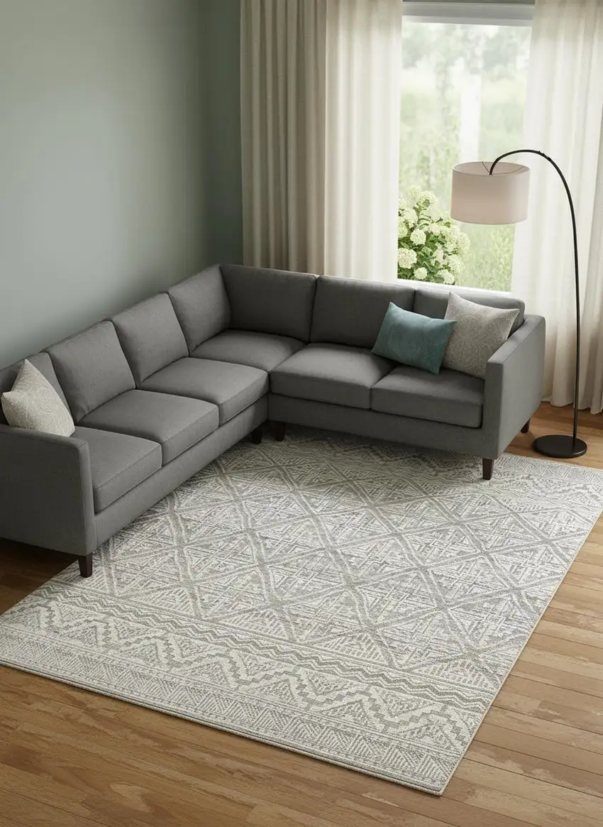 Ivory Tan And Gray Geometric Hand Knotted Area Rug Photo 1