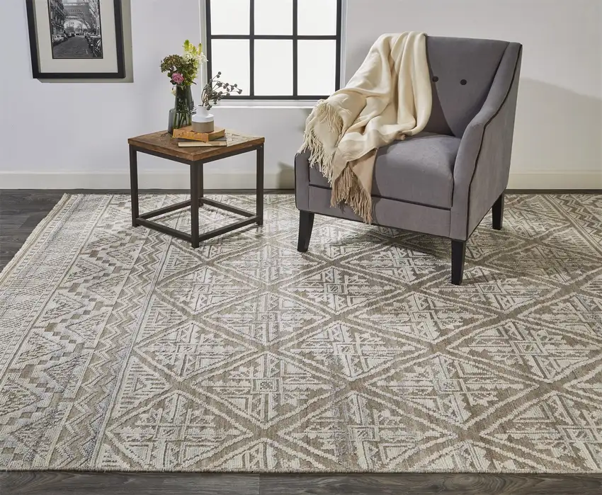 Ivory Tan And Gray Geometric Hand Knotted Area Rug Photo 6