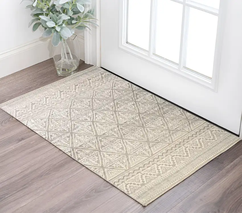 Gray and Ivory Geometric Hand Knotted Area Rug Photo 8