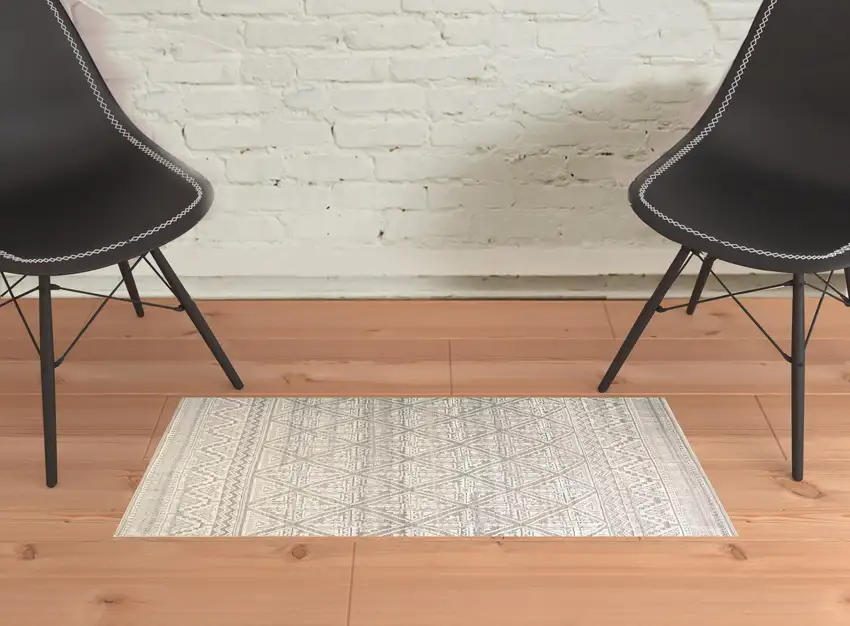 Ivory Tan And Gray Geometric Hand Knotted Area Rug Photo 1